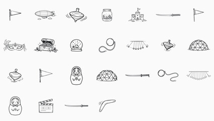 26 Minimalist Black Line Vector Icon Set: Hand-Drawn Illustrations of Monocle, Geodesic Dome, Matryoshka, Katana, Clapperboard, Treasure Chest, Zeppelin, Snow Globe, Spinning Top, and Physics © Tapan