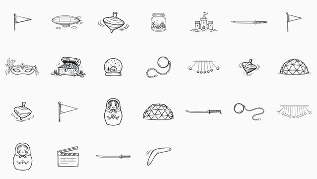 26 Minimalist Black Line Vector Icon Set: Hand-Drawn Illustrations of Monocle, Geodesic Dome, Matryoshka, Katana, Clapperboard, Treasure Chest, Zeppelin, Snow Globe, Spinning Top, and Physics