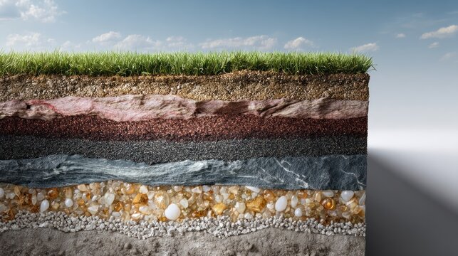 Cross section of soil layers with grass on top