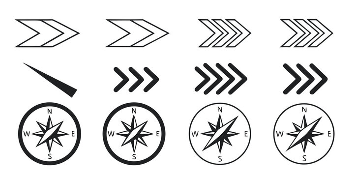 Set of navigation arrows and compass rose icons for map and directional interface design with navigation direction directional pointing pointers interface collection minimalist elements
