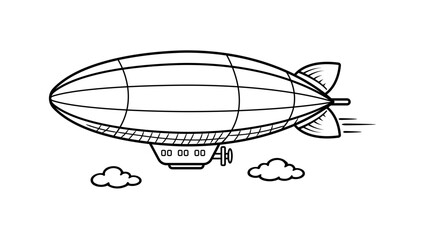 Vintage zeppelin airship flying through clouds, minimalist black line vector icon illustration on white background. Clean scalable outline design of a retro dirigible blimp for travel and transport. © Tapan