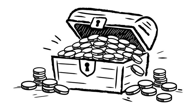 Open treasure chest filled with coins, minimalist black line vector icon illustration on white background, hand-drawn sketch style representing wealth, pirate gold, reward, and discovery.