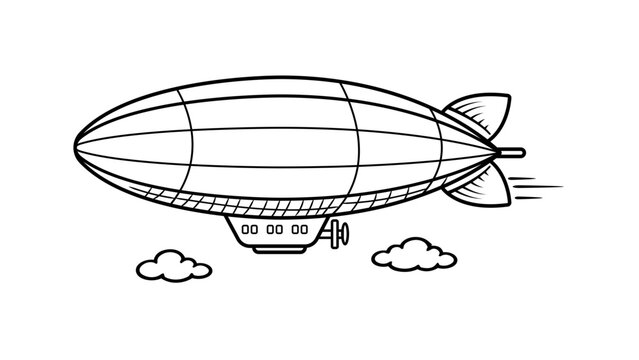 Vintage zeppelin airship flying through clouds, minimalist black line vector icon illustration on white background. Clean scalable outline design of a retro dirigible blimp for travel and transport.