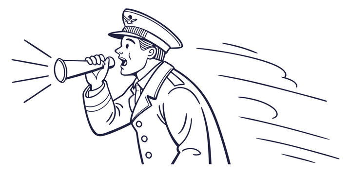 Man in uniform blowing a horn with motion lines representing speed or announcement graphic illustration black and white conductor announcement communication illustration monochrome
