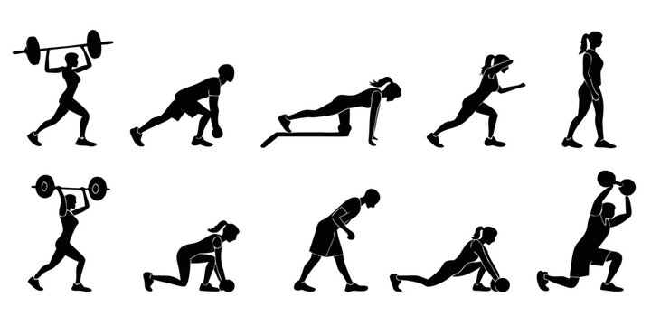 Set of black silhouette fitness icons featuring various strength training exercises with weights kettlebells barbells for gym workout routines exercise strength weightlifting training