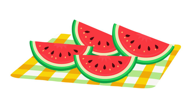 Fresh watermelon slices on yellow gingham tablecloth picnic illustration with watermelon refreshing checkered tablecloth illustration snacking refreshment vegetarian nutrition vitamins