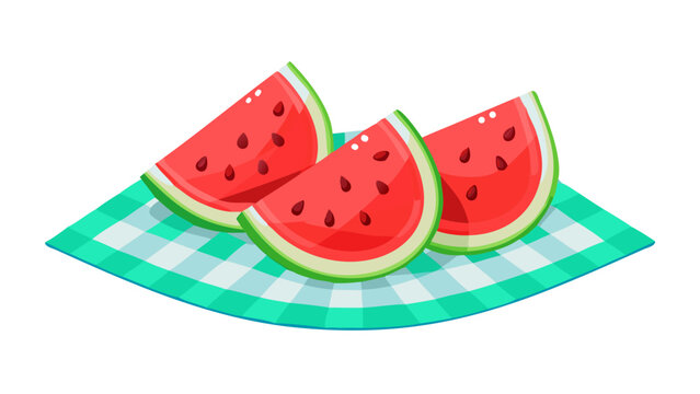 Fresh watermelon slices on turquoise gingham picnic mat illustration with watermelon refreshing checkered turquoise tablecloth illustration snacking refreshment vegetarian nutrition