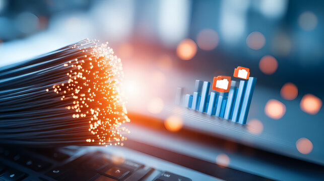 detailed macro shot highlighting bundled fiber optic cables with radiant glow, floating folder icons above a blurred laptop screen symbolize file access, bright blue bar chart graph at endpoint 
