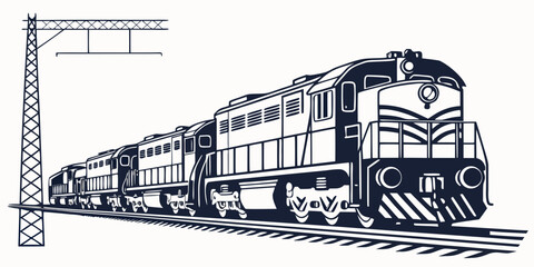 Diesel locomotive engine train moving on tracks with overhead power line structure locomotive railroad transportation transport commuter traveling carriage electrical infrastructure © Icon Set