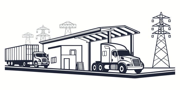 Industrial logistics and heavy trucking facility concept illustration with semi truck semi trailer logistics transportation warehouse industry shipping delivery infrastructure terminal