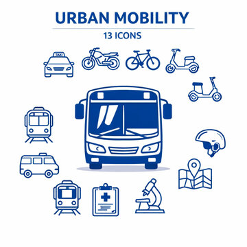 A professional collection of thirteen blue urban mobility icons featuring public transportation, micro-mobility vehicles, and city infrastructure symbols