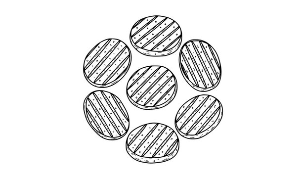 Hand drawn grilled burger patties line art vector set with barbecue meat in black and white
