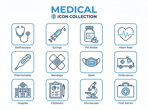A professional set of twelve medical and healthcare line icons featuring essential clinical tools and emergency equipment with blue accents