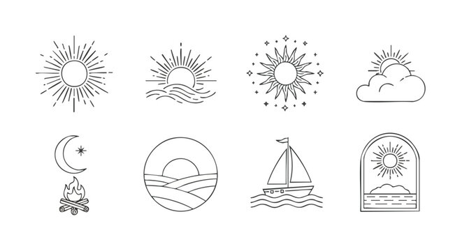 Celestial and Nautical Line Art Icons. Sun, Moon, Stars, Sailboat, Campfire, Cloud.