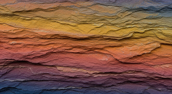 Close-up of colorful sedimentary rock layers at dusk