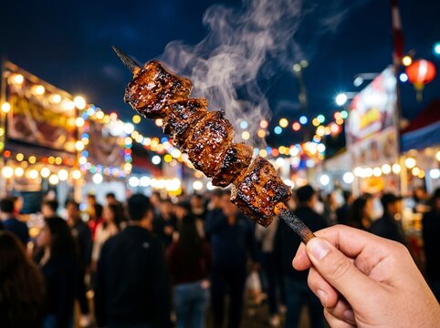 Hand holding a steaming hot anticucho meat skewer at a bustling night market
