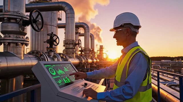Professional engineer in hard hat and safety vest operating digital control interface, managing refinery or power plant production and pipeline systems against a dramatic sunset