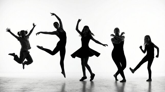 Dancers are captured in dark silhouettes against a bright white background to emphasize their movement.