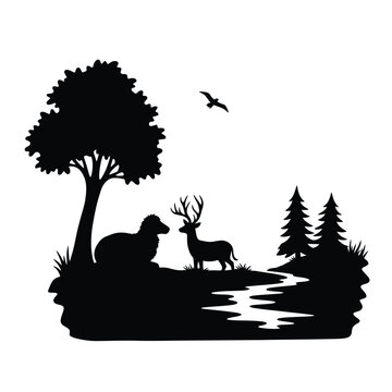 Silhouette of bear and deer in forest stream scene