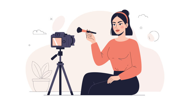 Beauty Vlogger recording makeup tutorial with camera on tripod