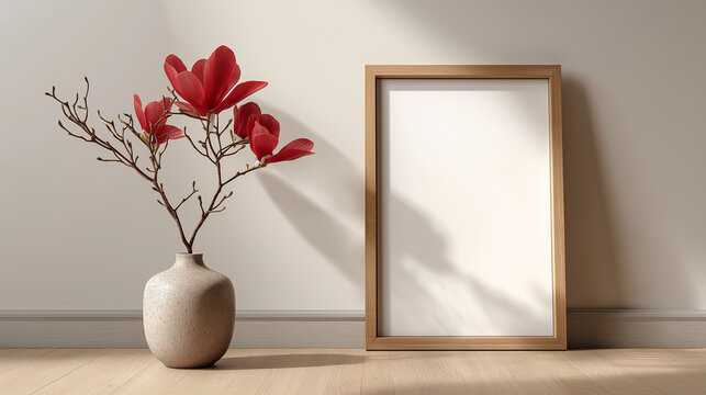-3d rendering of an empty, blank wooden picture frame mockup on the wall with a magnolia flower beside it in a vase, with soft light and shadow, in a minimalist style. high resolution