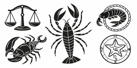 Set of black silhouette zodiac icons and sea crustaceans with astrology sign star sign astrology horoscope silhouette crustacean creature astronomical constellation collection mystical © Meraj