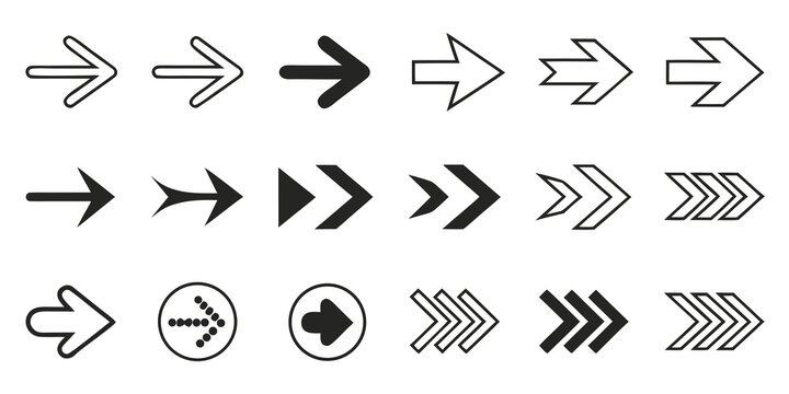 Set of diverse black and white directional arrow icons and indicators with direction navigation interface movement indicator isolated collection arrowhead creative abstract selection