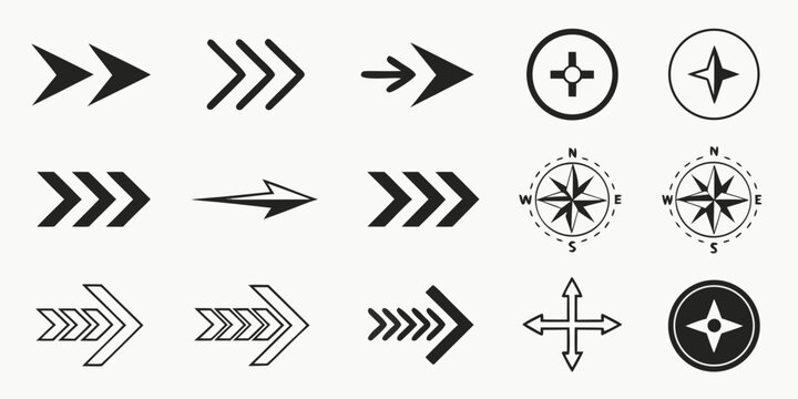 Collection of various directional arrows and compass navigational icons with direction navigation interface business orientation movement indicator isolated collection arrowhead