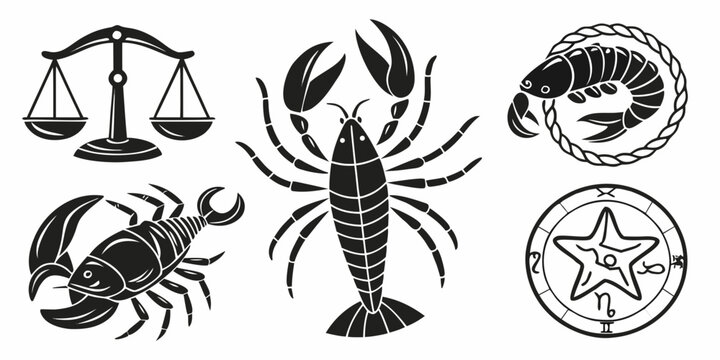 Set of black silhouette zodiac icons and sea crustaceans with astrology sign star sign astrology horoscope silhouette crustacean creature astronomical constellation collection mystical