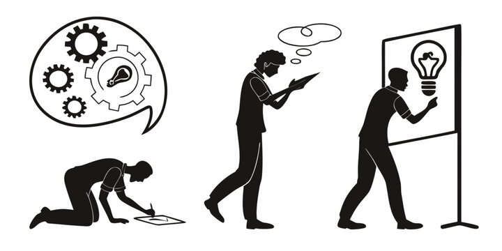 Business concept silhouettes showing idea development process from research to presentation with business silhouette innovation creativity strategy planning development presentation