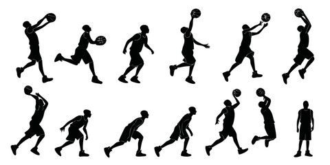 Set of black silhouettes of basketball players in motion and standing poses with a ball basketball silhouette shooting dribbling competition exercise activity training athletic © Meraj