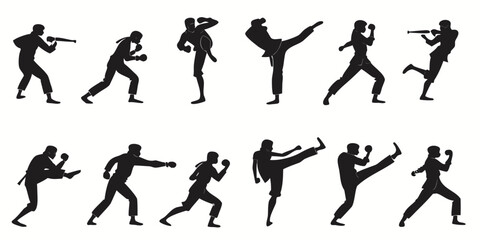 Set of martial arts and karate fighter silhouettes in various dynamic combat poses and kicks with self defense silhouette training exercise physical activity movement technique strength © Meraj