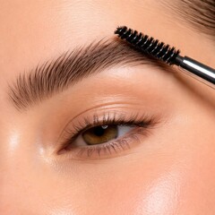 Naklejka premium Close up of eyebrow grooming with brush shaping natural brow and highlighting clean skin beauty care