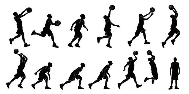 Set of black silhouettes of basketball players in motion and standing poses with a ball basketball silhouette shooting dribbling competition exercise activity training athletic