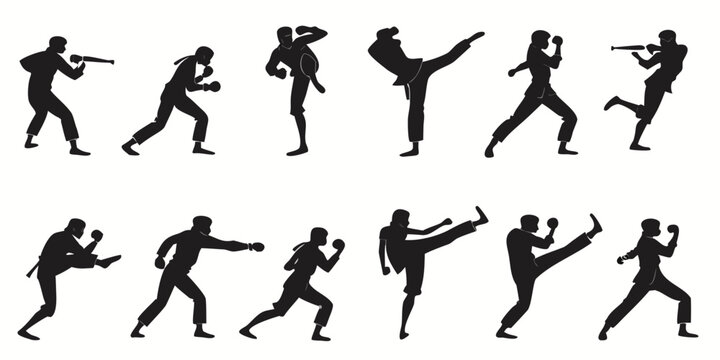 Set of martial arts and karate fighter silhouettes in various dynamic combat poses and kicks with self defense silhouette training exercise physical activity movement technique strength