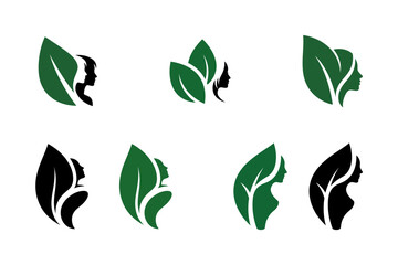 Fototapeta premium Woman Face Silhouette and Green Leaf Logo Collection