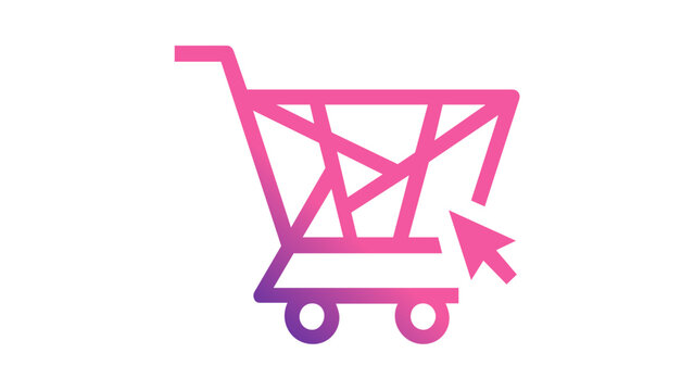 Stylized purple and pink gradient vector icon illustration of a shopping cart with a geometric pattern and cursor arrow, representing modern e-commerce, online retail, and digital business growth.