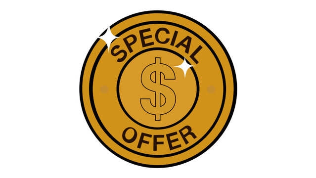 Shiny gold coin vector icon featuring a dollar sign and special offer text. Premium metallic badge for retail sales, marketing promotions, and discounts. Minimalist flat design illustration.