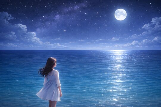 Night beach background with woman looking at ocean, moonlight reflection on tropical sea, peaceful scene