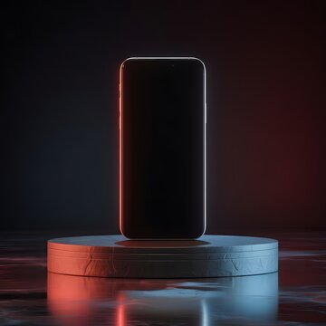 Smartphone mockup standing on circular stage with dramatic red and blue neon light effects.
