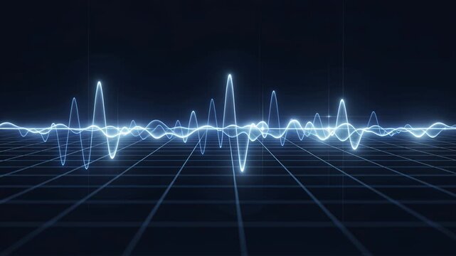 audio waveform neon grid visualization blue futuristic technology scene