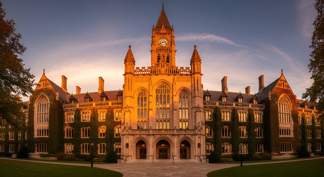 Majestic architecture of a historic university building featuring a clock tower under a warm sunset glow and orange sky