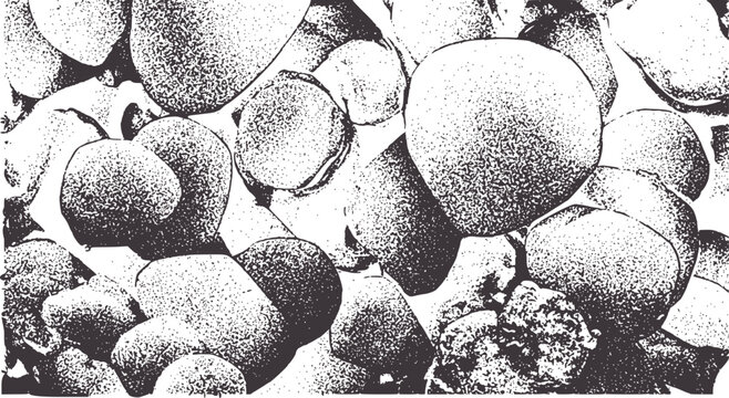 Close up of textured grey pebbles and stones with stippled effect pattern