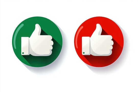 two glossy circular icons with white thumbs-up hands on contrasting green and red buttons casting long shadows, playful ambiguous approval
