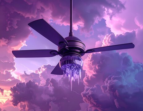 Surreal conceptual image of a black ceiling fan hanging from a dramatic purple stormy sky representing weather control and the power of nature art