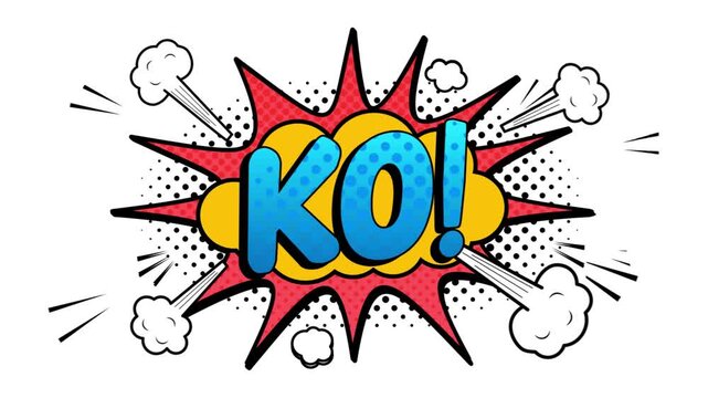 "KO" knockout comic book bubble pop art cartoon explosion with smoke isolated transparent background icon