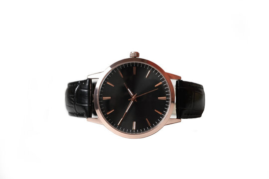 Minimalist Black Dial Wristwatch with Rose Gold Case and Leather Strap on White Background