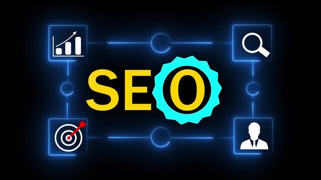 Neon glowing virtual SEO icon to analyze your website performance for search engine ranking. Analyze SEO search engine optimization to boost website traffic ranking.