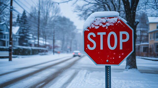 Stop sign on snowy road winter weather safety and traffic concept  