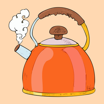 Traditional orange whistling kettle for stove top use with steam rising for cozy afternoon tea time session - Vector Illustration